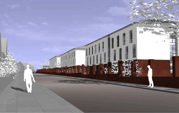 Blick vom Grimmenstein auf die neuen Unterkunftsgebäude. Die alten Blöcke werden angerissen!